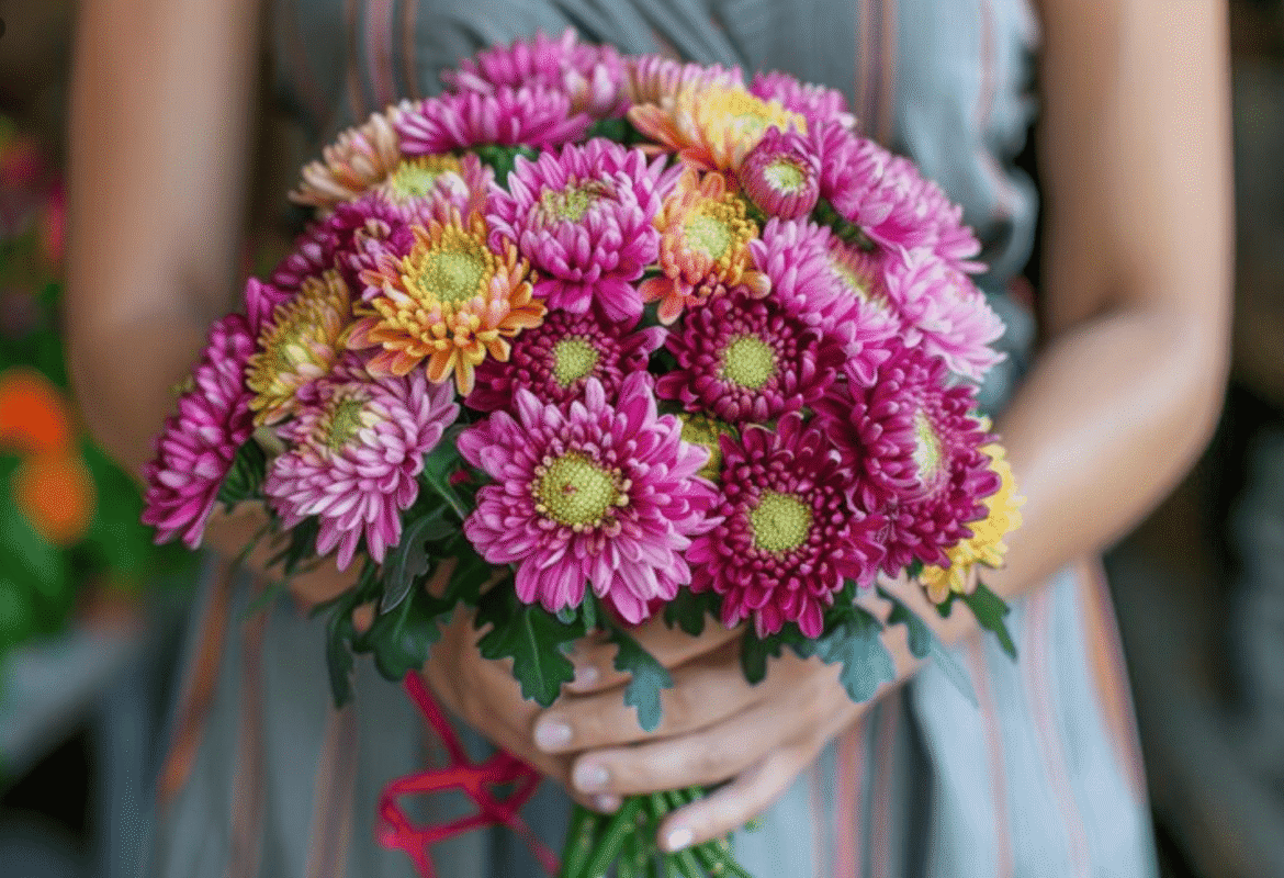 Какие цветы подарить маме на День рождения: полный гид от флористов Romeo Flowers 6 Яркий букет из красных, желтых и фиолетовых хризантем от Romeo Flowers