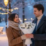 Парень дарит девушке букет на 14 Февраля в Минске.