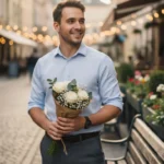 Молодой человек с букетом для первого свидания от Romeo Flowers.